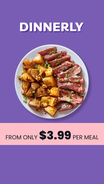This image ad for Dinnerly features a close-up shot of a steak and potatoes meal on a plate, set against a purple backgr
