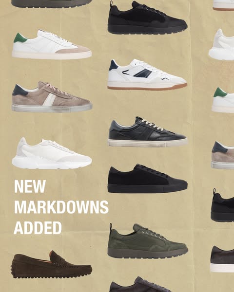 An image ad displaying multiple men's shoe styles for sale. It uses a background tone to signal that it is a sale, w