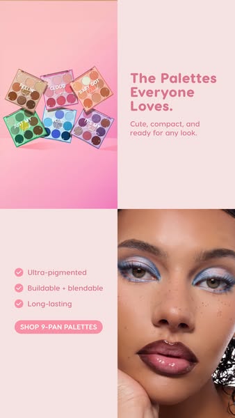 This ad for 9-pan eyeshadow palettes features a beauty shot of a model wearing blue eyeshadow. The ad highlights the pal