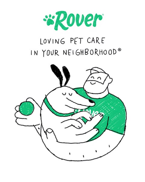 This ad is an illustration that shows a happy pet sitter holding a dog in their arms, promoting Rover's pet care ser
