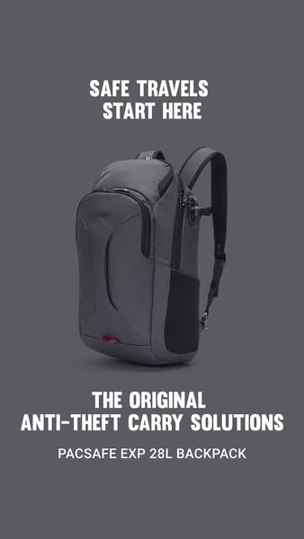 This ad showcases the Pacsafe EXP 28L Backpack with a focus on its anti-theft features. The backpack is displayed agains