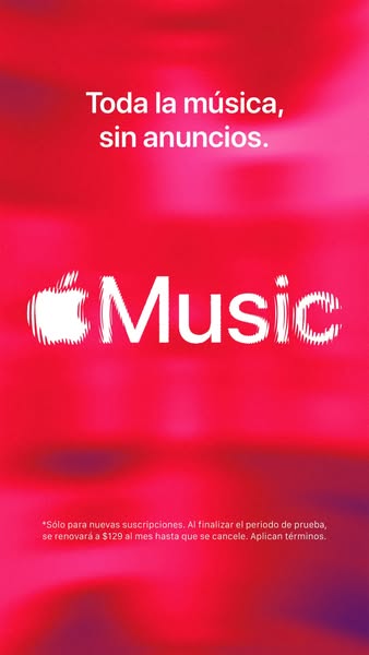 This ad promotes Apple Music, highlighting its ad-free listening experience. It features the Apple Music logo against a 