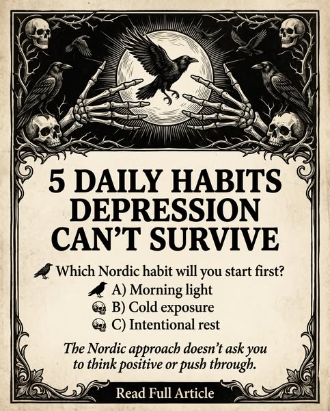 This image promotes five daily habits to combat depression, framed within a Nordic approach, with the goal of encouragin