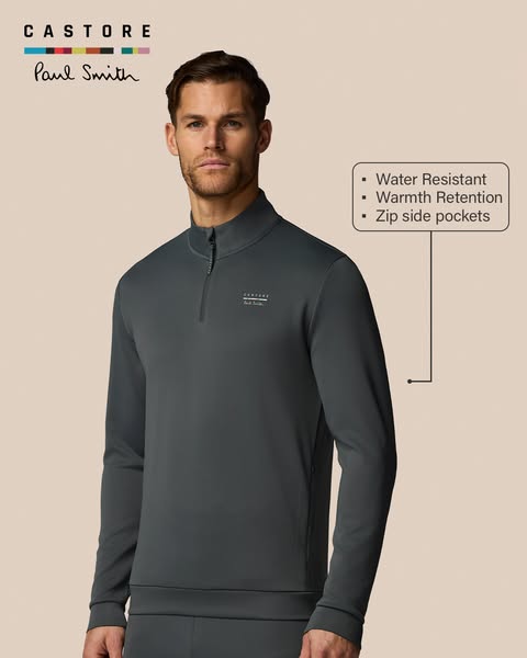This ad showcases a collaborative athletic quarter-zip long sleeve shirt from the brands Castore and Paul Smith. The ad 