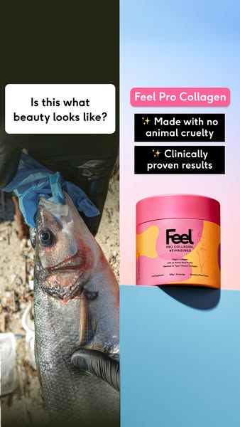 The ad highlights the advantages of Feel Pro Collagen, focusing on its cruelty-free and clinically proven results, contr
