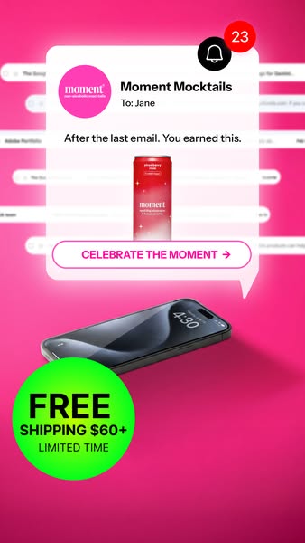 This is an ad for Moment Mocktails that resembles a notification on a phone, with free shipping over $60 for a limited t