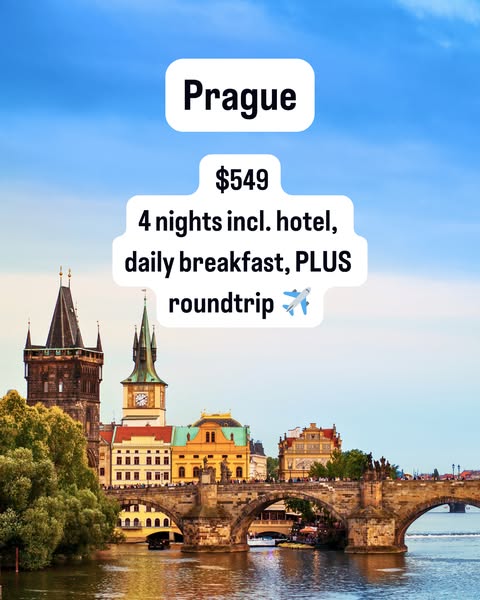 This ad promotes a travel deal to Prague, featuring roundtrip travel, a four-night hotel stay, and daily breakfast for $