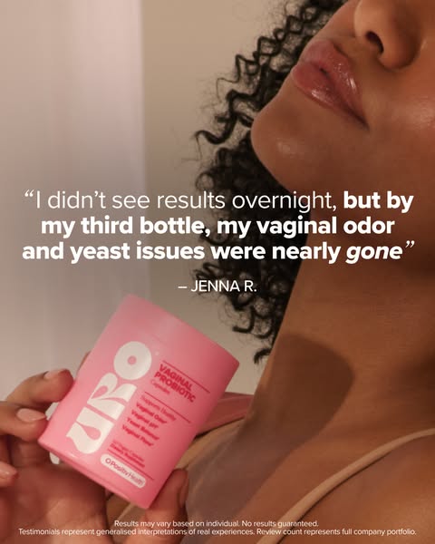 This ad features a testimonial from a customer who experienced relief from vaginal odor and yeast issues after using the