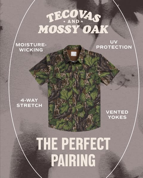 This ad features a button down shirt that is a collaboration between the brands Tecovas and Mossy Oak. The shirt is disp