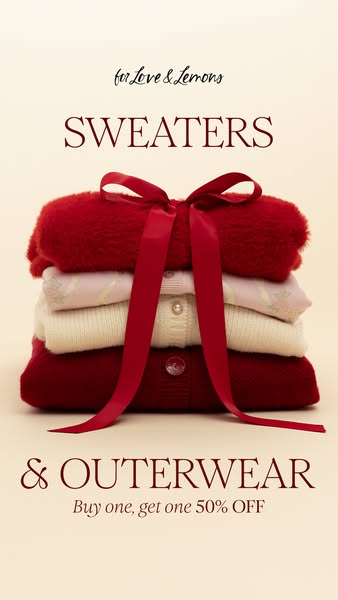 This image ad for For Love & Lemons promotes a buy one, get one 50% off deal on sweaters and outerwear. The ad featu