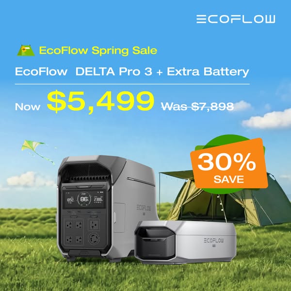 This image ad promotes the EcoFlow DELTA Pro 3 + Extra Battery with a Spring Sale discount. The ad uses a lifestyle shot