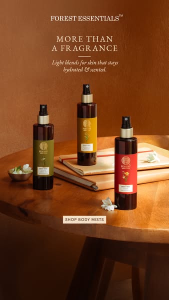 An ad showcasing Forest Essentials body mists, highlighting their hydrating and scented qualities, and inviting customer