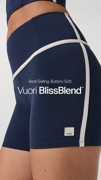 This ad focuses on Vuori's BlissBlend™ shorts, highlighting their best-selling status and buttery soft texture, targ