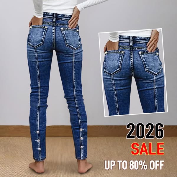This ad features a woman wearing jeans, displayed from the back to emphasize the design. An inset image provides a close