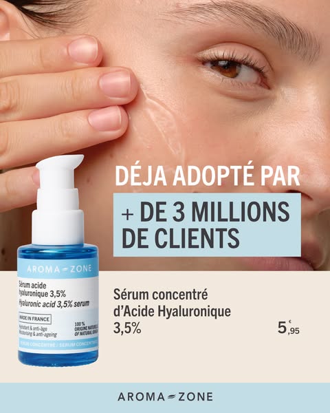 This ad for Aroma-Zone promotes its hyaluronic acid serum. It showcases the product's application on a woman's f