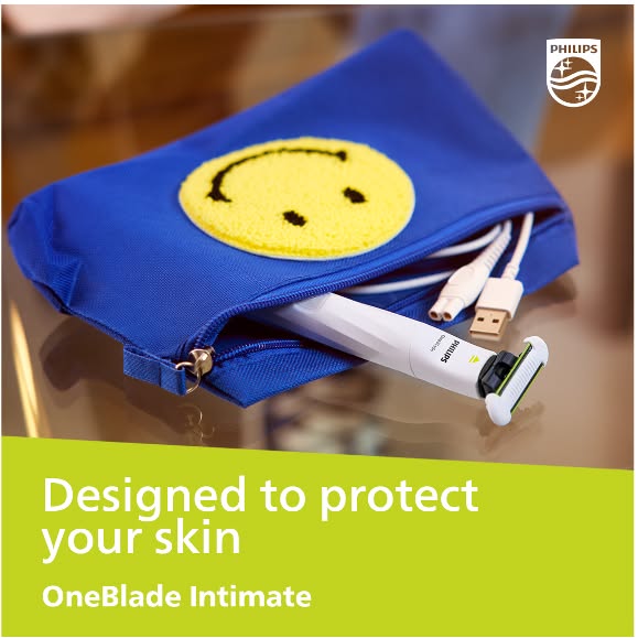 This ad showcases the Philips OneBlade Intimate shaver as a gentle and effective tool for intimate grooming. It emphasiz
