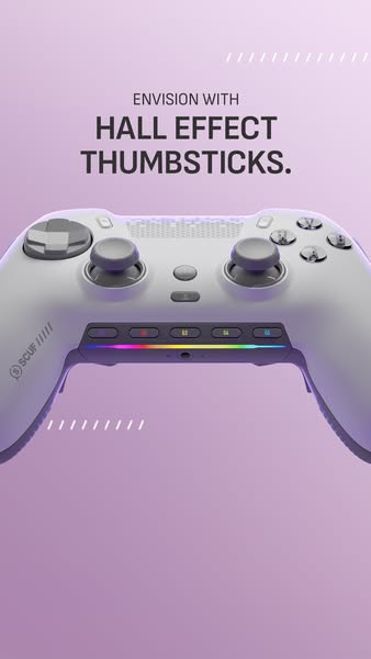 This ad showcases the SCUF Envision controller, highlighting its Hall Effect thumbsticks for enhanced gaming precision a