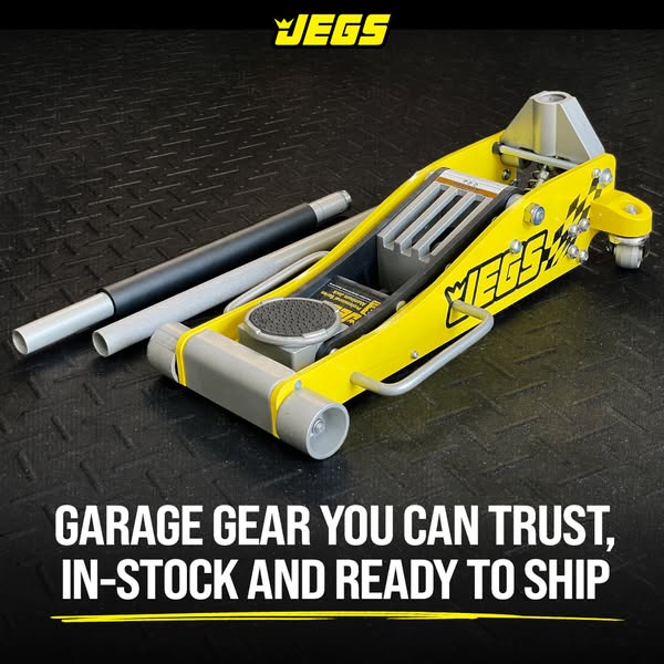 This ad showcases the JEGS floor jack, emphasizing its reliability and immediate availability. The image features the ja