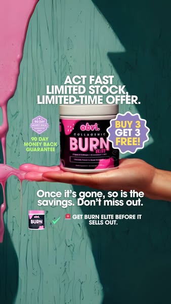 This image ad for Obvi Collagenic Burn Elite promotes a limited-time offer of buy 3 get 3 free. It emphasizes the need t