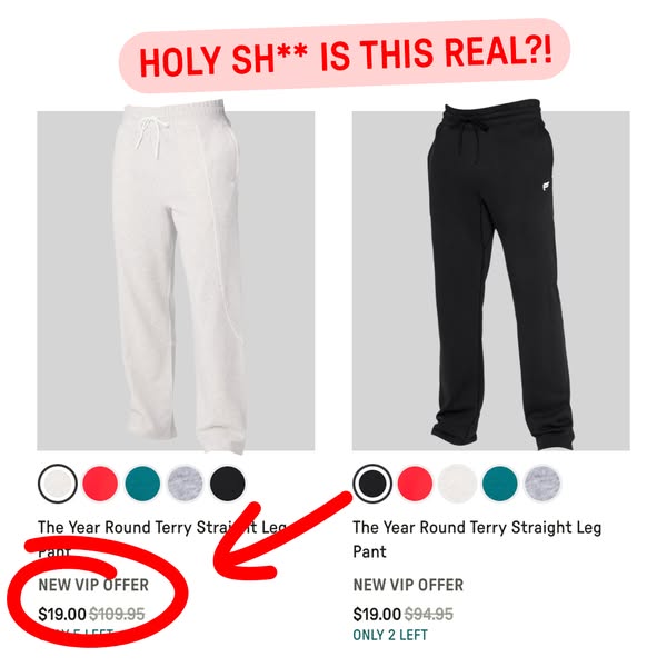 This image ad for Fabletics features side-by-side images of the same pair of terry straight leg pants in black and white