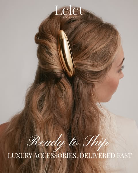 This ad showcases a gold hair clip from LELET NY, emphasizing its luxury and immediate availability.