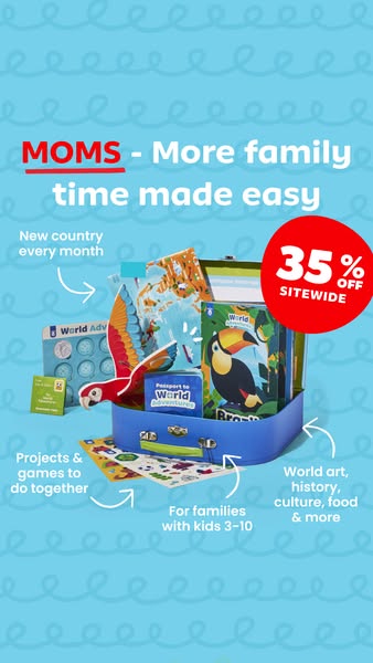 This ad is for a subscription box that delivers a new country every month. The box includes projects and games to do tog