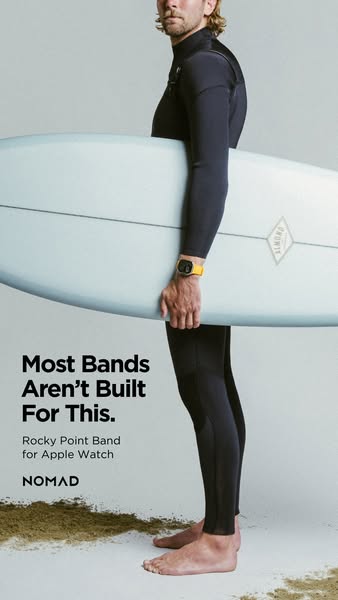 The ad features a person dressed in a wetsuit holding a surfboard. The ad highlights that the Nomad Apple Watch band is 