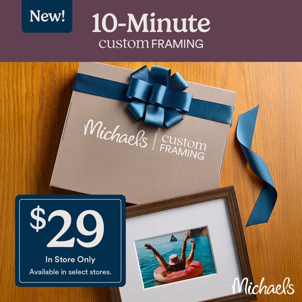 This ad promotes custom framing services at Michael's. It features a gift-wrapped box, a framed photo, and text high