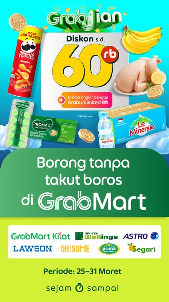This image ad for GrabMart promotes a 60% discount on groceries and other items, with a focus on convenience and afforda