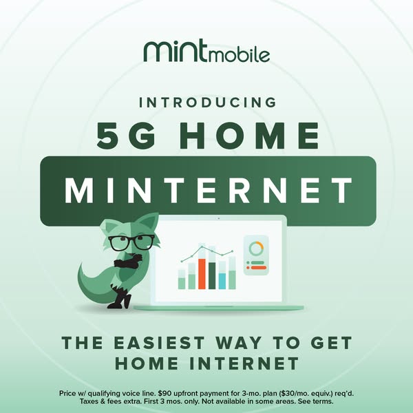 This image ad promotes Mint Mobile's 5G home internet service, highlighting its ease of use. The ad features the Min
