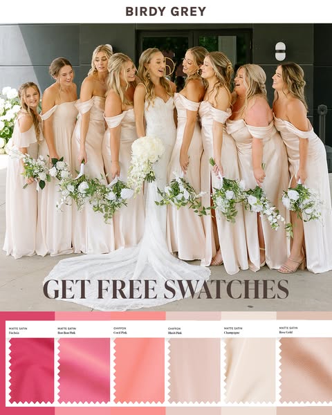 This image ad for Birdy Grey features a group of bridesmaids in matching dresses, promoting the availability of free fab