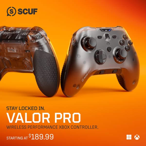 This ad showcases the SCUF Valor Pro wireless performance Xbox controller, highlighting its design and availability.