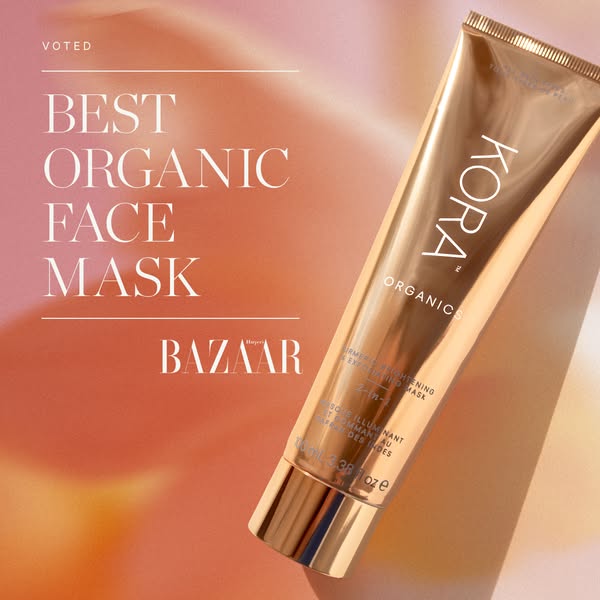 This ad for Kora Organics face mask uses a prestige endorsement from Bazaar magazine to promote the product.