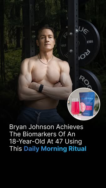 This image ad is highlighting Bryan Johnson and his Blueprint daily morning ritual and implies his 'young' bioma
