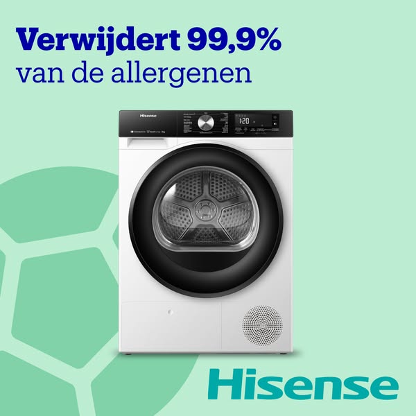 This ad showcases the Hisense washing machine's capability to remove 99.9% of allergens, appealing to those seeking 