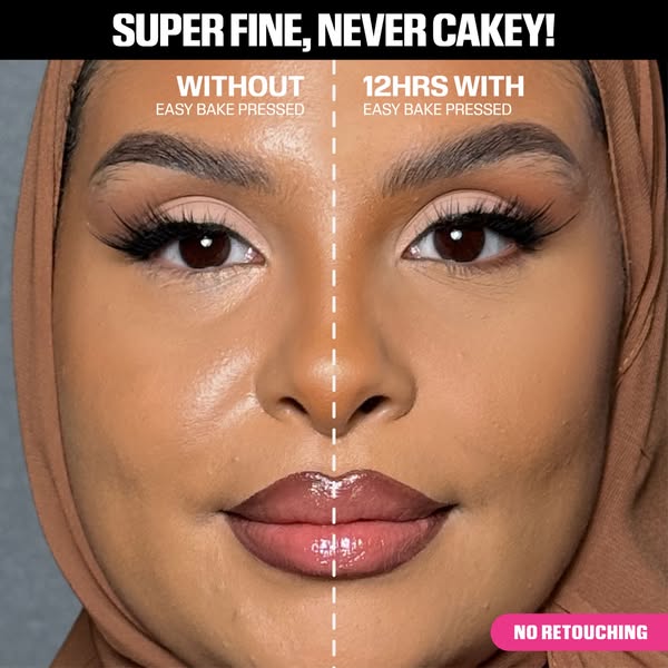 This image ad shows a before and after of a woman's face with and without Easy Bake Pressed powder. The ad claims th