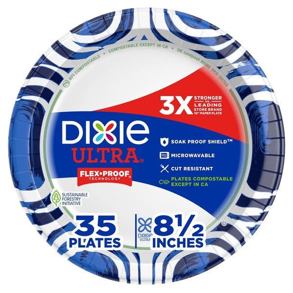 This ad showcases Dixie Ultra paper plates, emphasizing their strength, soak-proof design, and compostable nature. The a