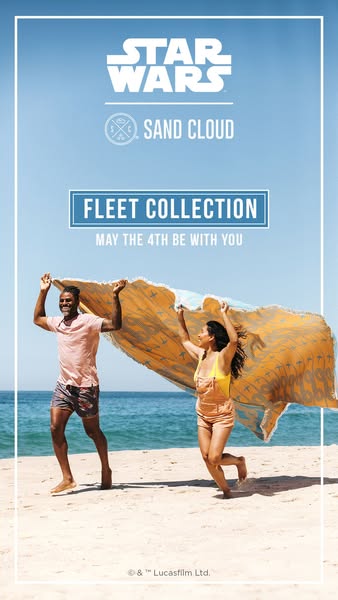 This ad promotes the Star Wars Fleet Collection by Sand Cloud, featuring a beach towel with Star Wars imagery. The ad is
