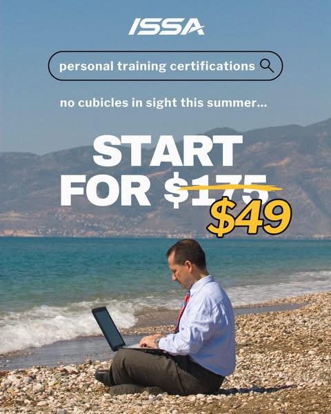 An image ad for ISSA shows a man working on a laptop on a beach. The ad promotes personal training certifications and a 