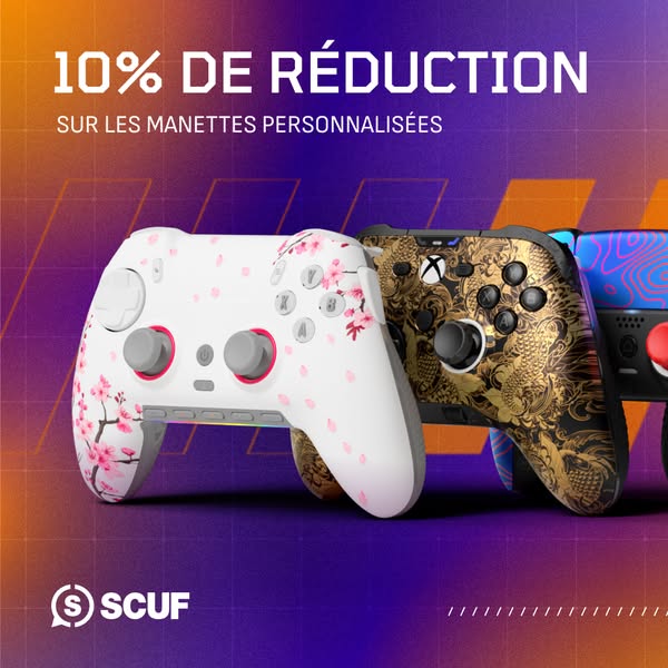 An image ad shows three gaming controllers with unique designs. The ad promotes a discount on personalized controllers a
