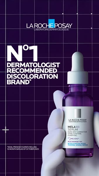 This ad promotes La Roche-Posay Mela B3 Serum as the number one dermatologist-recommended discoloration brand. The ad hi