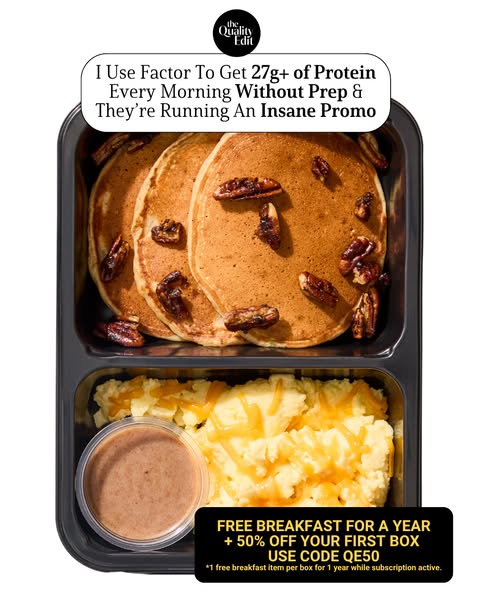 This image ad promotes Factor meal delivery service, highlighting the convenience and high protein content of their brea
