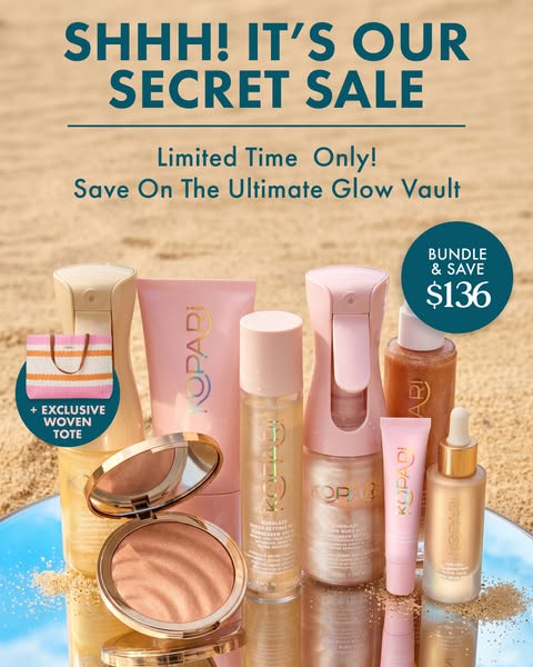 This ad showcases the Kopari Beauty 'Ultimate Glow Vault' bundle, including an exclusive woven tote, emphasizing