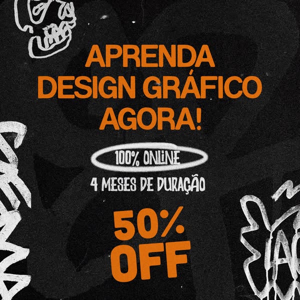 This ad promotes a graphic design course with a 50% discount. It emphasizes the course's online format and four-mont