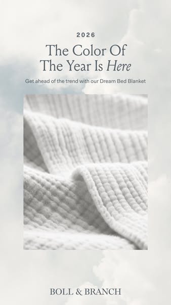 This ad showcases Boll & Branch's Dream Bed Blanket as the 'Color of the Year' for 2026, inviting viewer