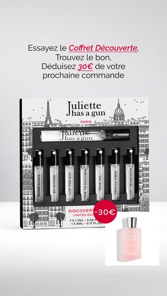 This ad showcases a Juliette Has a Gun discovery set and a full-size bottle of perfume, and offers a discount on the cus