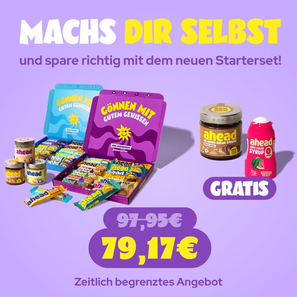 This ad promotes Ahead brand's new starter set for a limited time, offering a discount. The image displays a purple 