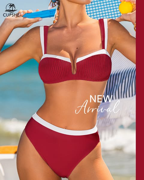 This ad features a woman wearing a red two-piece swimsuit with white trim. The text overlay reads "New Arrival.&quo