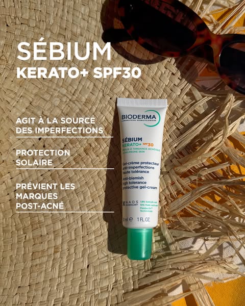 This image ad showcases Bioderma's Sébium Kerato+ SPF30 product, emphasizing its benefits for acne-prone skin and pr