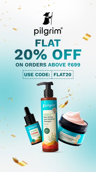 This image ad features the Pilgrim brand and advertises a flat 20% off on orders above ₹699. The ad showcases three of P